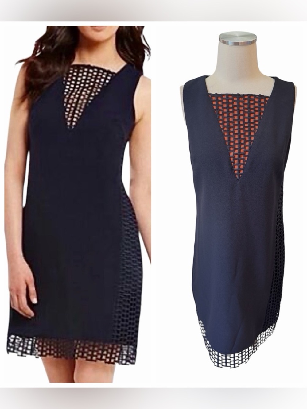 Antonio Melani Sleeveless Navy with Orange Lace-Trim Shift Dress Sz 6 - Picture 1 of 12